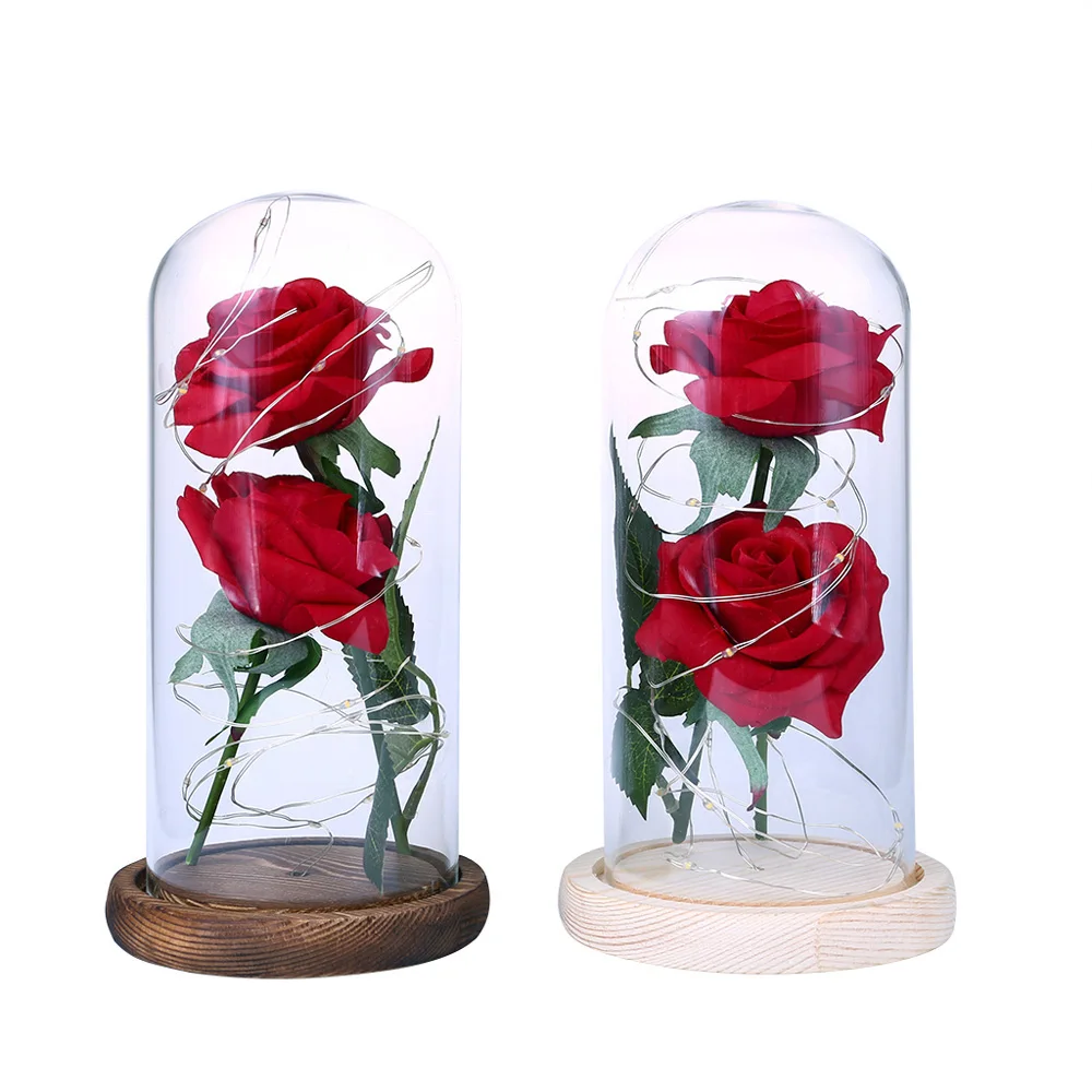 

Beauty And The Beast LED Light Red Rose Flower Glass Dome Wooden Base For Mother Valentine's Day Gifts LED Rose Lamps