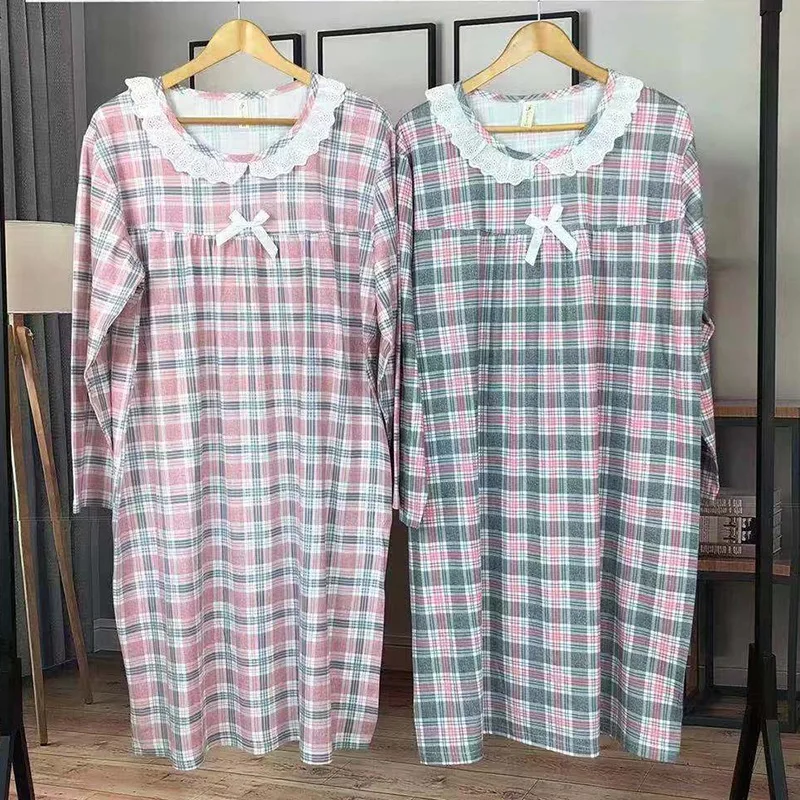 Spring Autumn Casual Plaid Cotton Nightgowns for Women Long Sleeve Loose Night Dress Home Dress Sleepwear Nightdress Nighty
