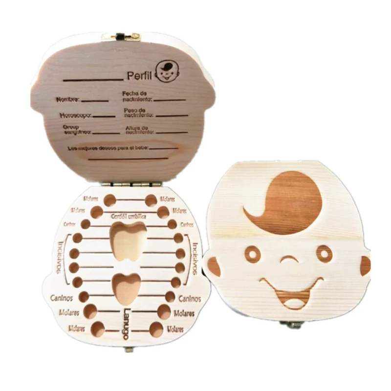 

French English Spanish Russia Text Baby Fallen Tooth Box Storage Natural Wood Case Save Milk Teeth Collection Organizer Holder