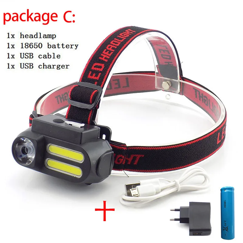 package C 3 Led XPE COB USB Перезаряжаемый налобный светильник 18650 фронтальная Налобная лампа фонарь светильник вспышка светильник для рыбалки кемпинга мощный - Испускаемый цвет: package C