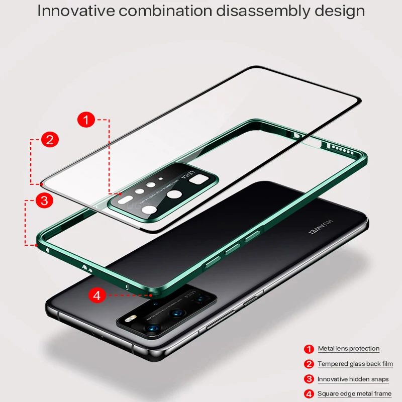 

Square edge metal frame Shockproof Case For HUAWEI P40 Pro Plus Luxury Transparent Tempered Glass Case For Huawei P40 Pro Cover