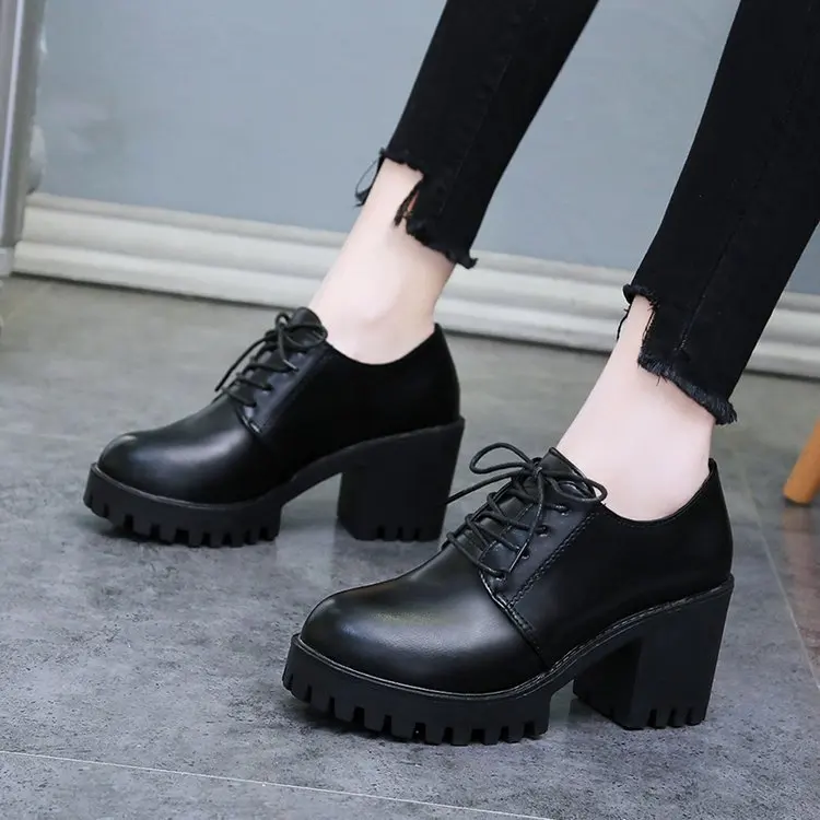 

Summer British Style Split Leather Women Square Heel Flat Platform Shoes Woman Lace-up Oxford Shoes for Women heels 7cm N3-85
