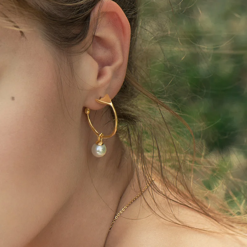 

100% S925 Sterling Silver Gold Color Personality Tableware Earrings with Pearls for Women Fine Party elegant Jewelry fun earring