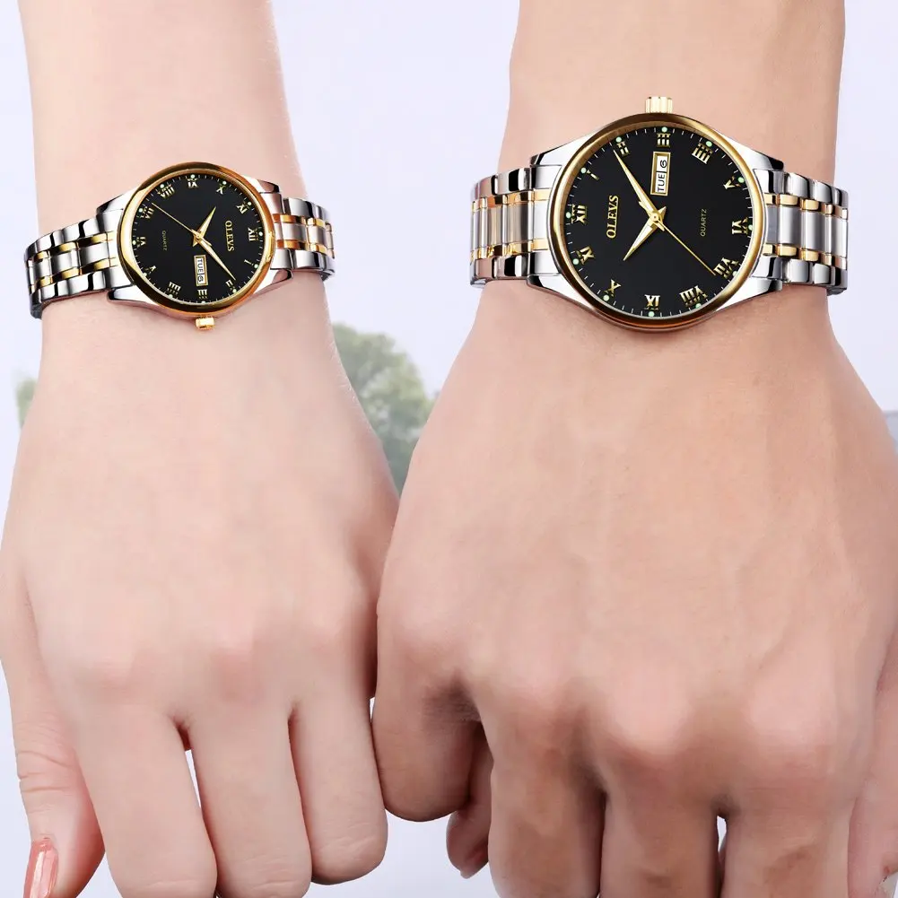 OLEVS Couple Watch Two Tone Stainless Steel Band Fashion Waterproof His and Her Quartz Wristwatch Set for Lovers One Pair