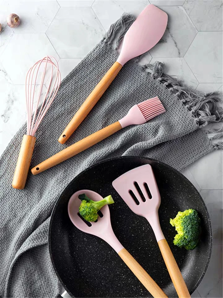 

12PCS Silicone Cooking Utensils Set Non-stick Spatula Shovel Wooden Handle Cooking Tools Set With Storage Box Kitchen Tools
