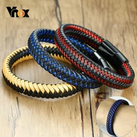 vnox 12mm braided leather mens bracelet clasp casual male woven wrap retro bangle stainless steel gents wristband