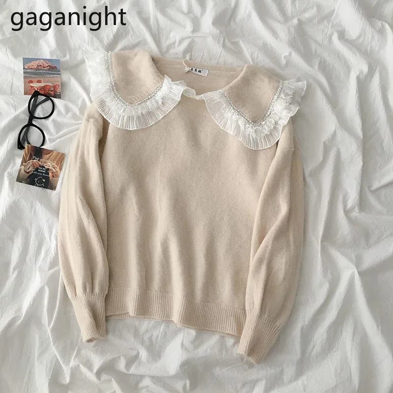 Gaganight Повседневный свободный Женский вязаный свитер кружевной лоскутный Питер