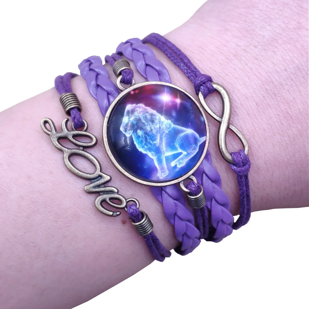 

Twelve Constellations Unique Purple Multilayer Antique Retro Leather Bracelet Punk Time Gem Female Party Birthday Gift AT205-216