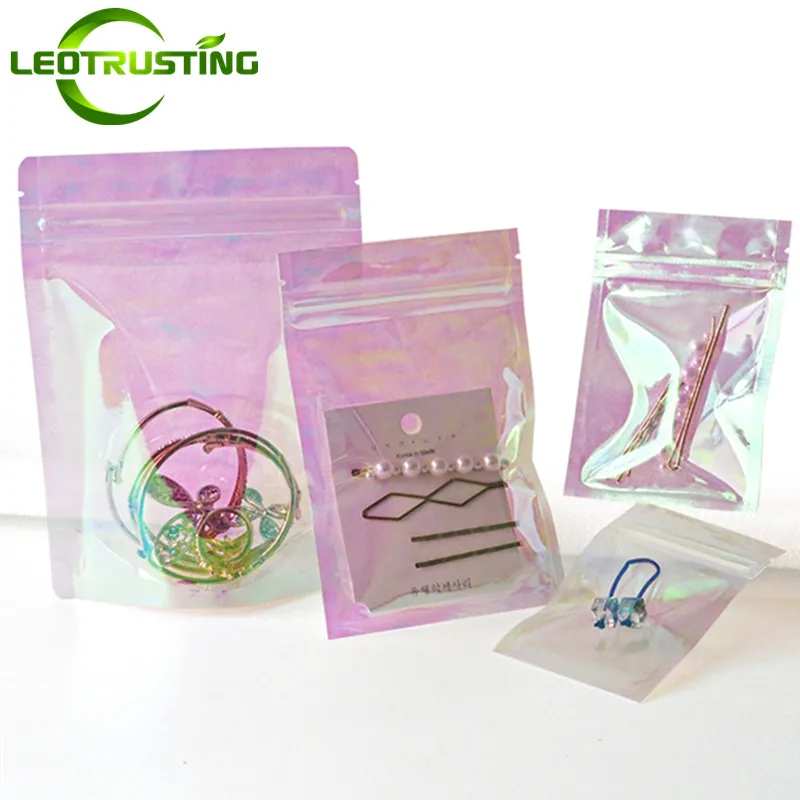 

100pcs Pink Stand Up Holographic Rainbow Zip Lock Pouches Reclosable Bracelet Jewelry Pendant Nail Eyelash Brush Cosmetic Bags