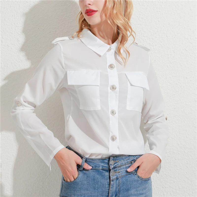 

Women Formal Blouse Button Decor Tunic Ladies Solid Color Shirts for Female New Women Clothing Fashion Long Sleeve Blouses