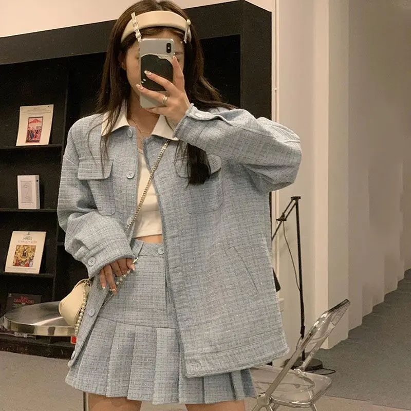 

High Quality Elegant Skirt Suits Autumn Sweet Tweed Two Piece Set Women Crop Top Short Jacket Coat Skirts Sets Vetement Femme