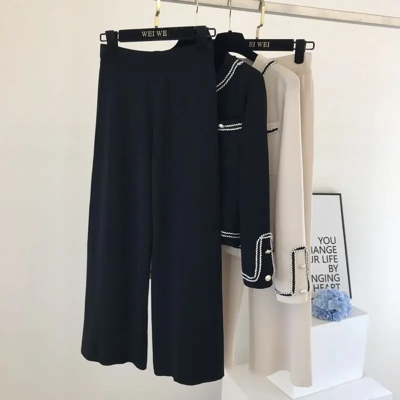 

Elegant Spring Stripe Knitted Sets Women O-Neck Knitwear Short Cardigan And Casual Wide Leg Pants Fashion Two-Piece Suit Female