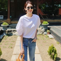 loose womens korean version lantern sleeve baby shirt round neck short sleeve bottom shirt white student casual top