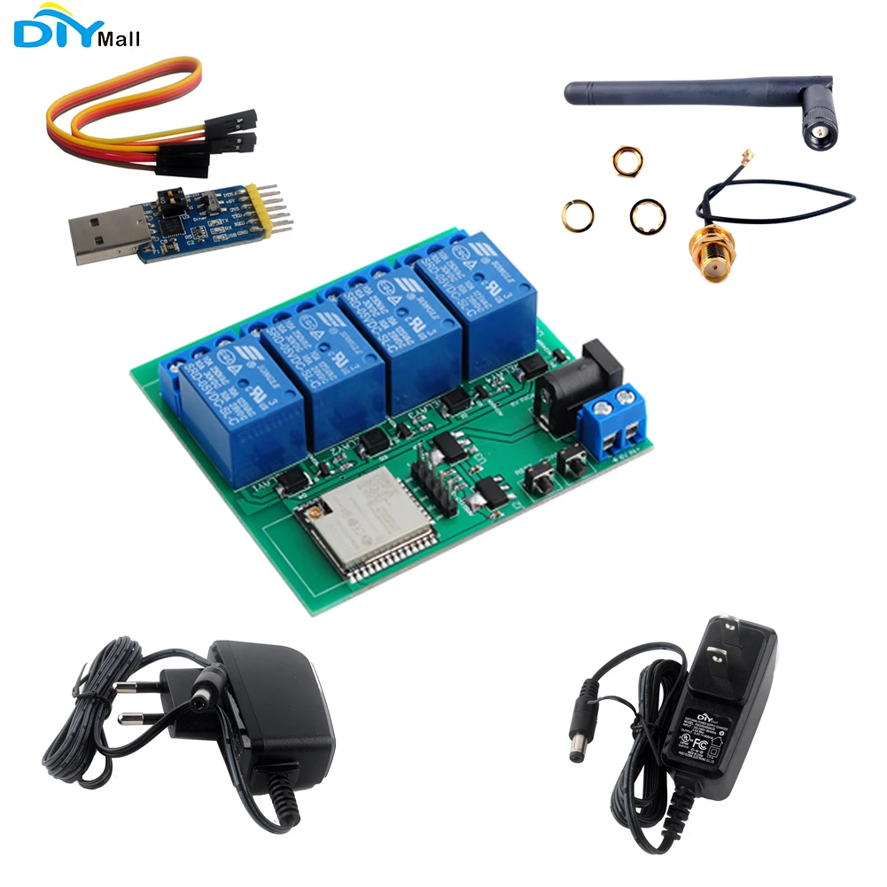

ESP32S 4 Channel Wifi Blue-tooth-compatible Relay Module With esp32-wroom-32u 2.4G WiFi Antenna US EU Plug Power Adapter