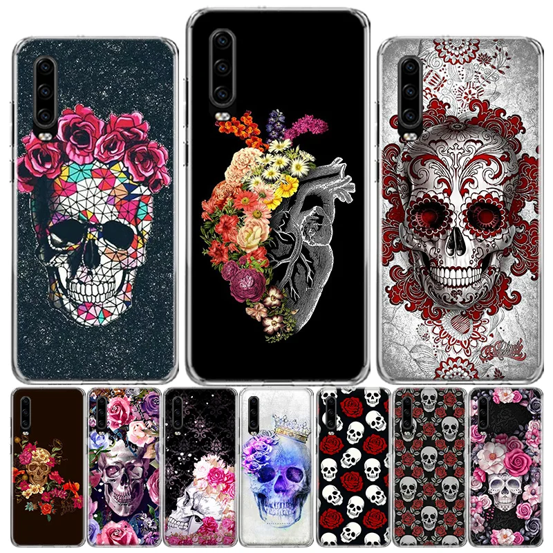 floral sugar skull phone case for huawei p50 pro p40 p30 lite p20 p10 coque mate 10 lite 20 30 pro 40 cover capa shell free global shipping