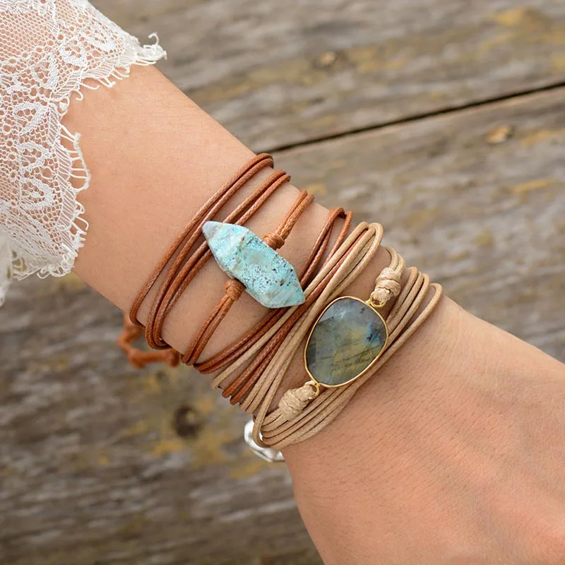 Браслет веревочный с шестигранными натуральными камнями длинный браслет дружбы