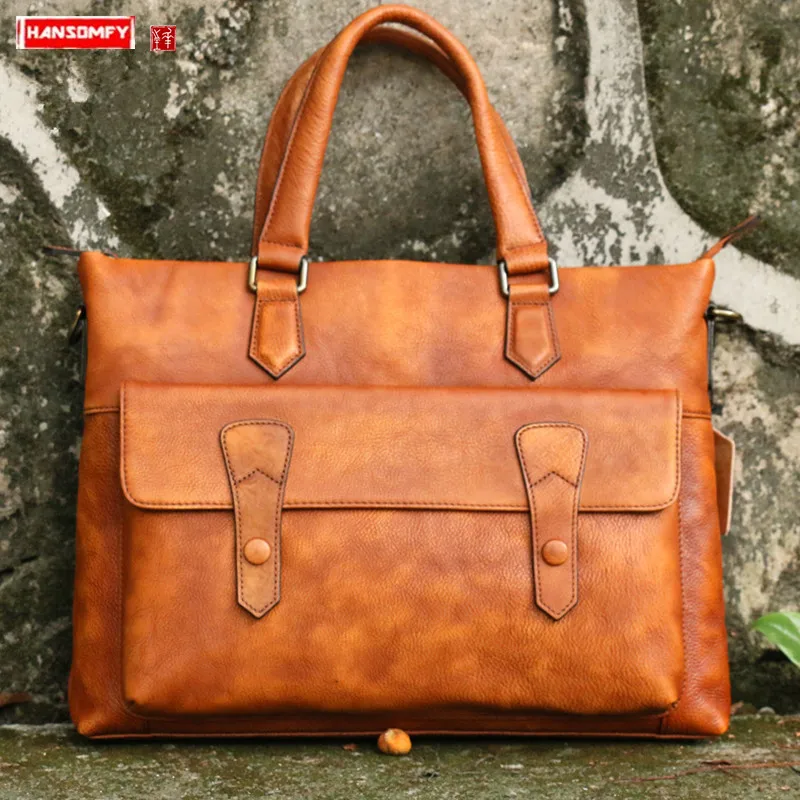 

New Vegetable Tanned Leather Handbag Men Briefcase 15.6 Inch Laptop Bag Cowhide Men's Shoulder Messenger Bags Schoolbag Male