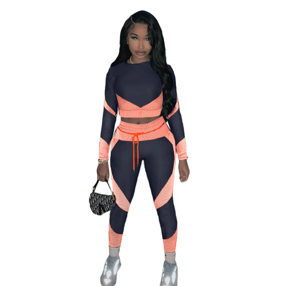 

Fitness Elastic Patchork Tracksuit Women Lounge wear Sporty Long Sleeve Crop Top + Leggings Bodycon Two Piece Set Jogging Femme