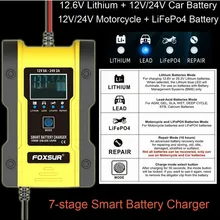 FOXSUR 12V 24V 6A car battery charger pulse repair 7-stage charger for GEL WET AGM 12.6V Lithium LiFePO4 LiPo Battery