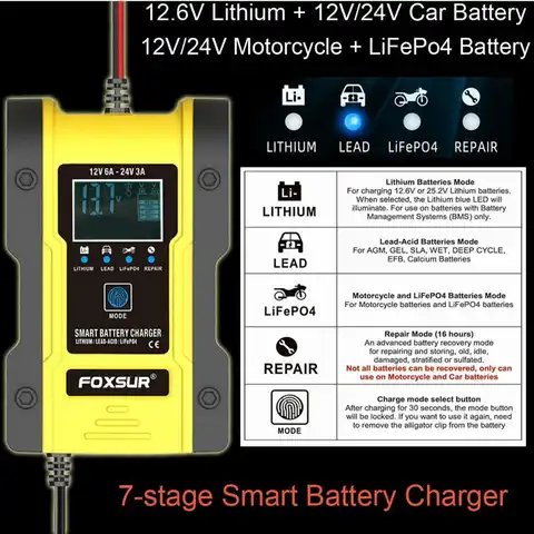 Зарядное устройство Foxsur, 12/24 В, 6 А, для автомобилей, 7-ступенчатая зарядка батарей 12,6 В, AGM, литиевых, гелевых, жидкостных, LiFePO4, LiPo, импульсный з...