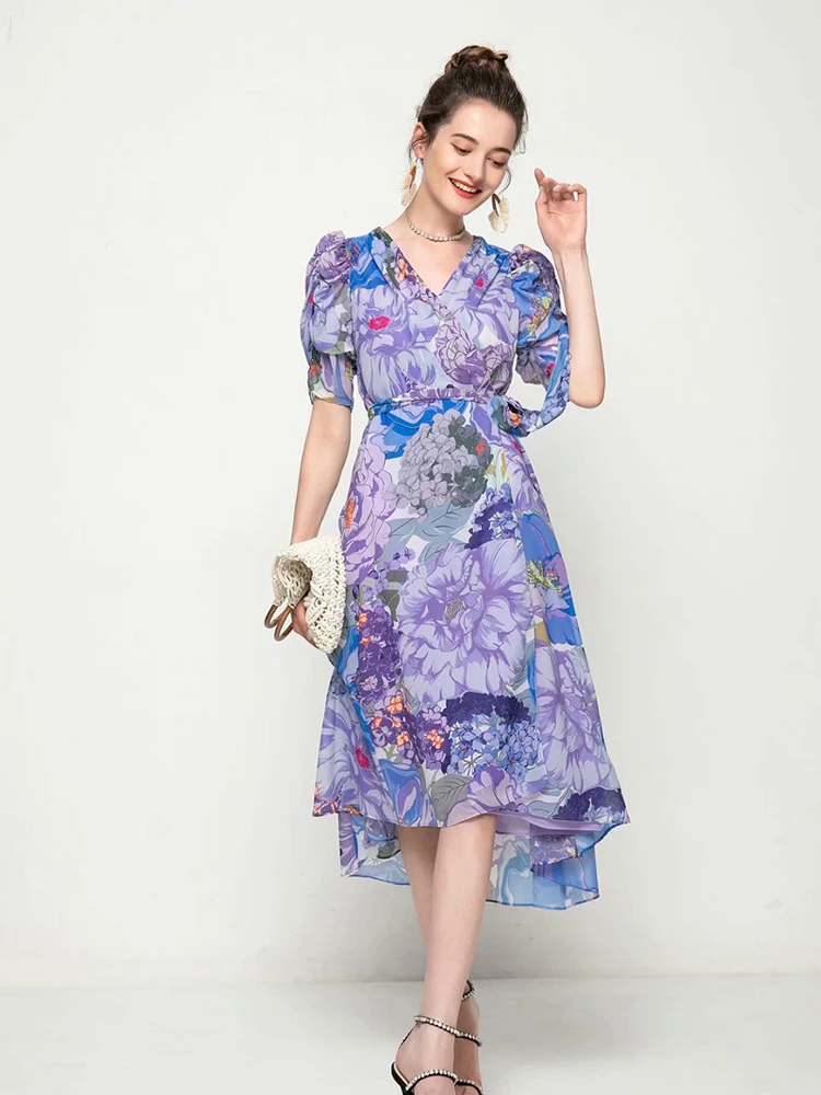 2021 spring and summer new women's floral mid-length dress fashion casual V-neck lantern sleeve purple printing Evening dress