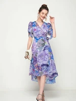 2021 spring and summer new womens floral mid length dress fashion casual v neck lantern sleeve purple printing evening dress