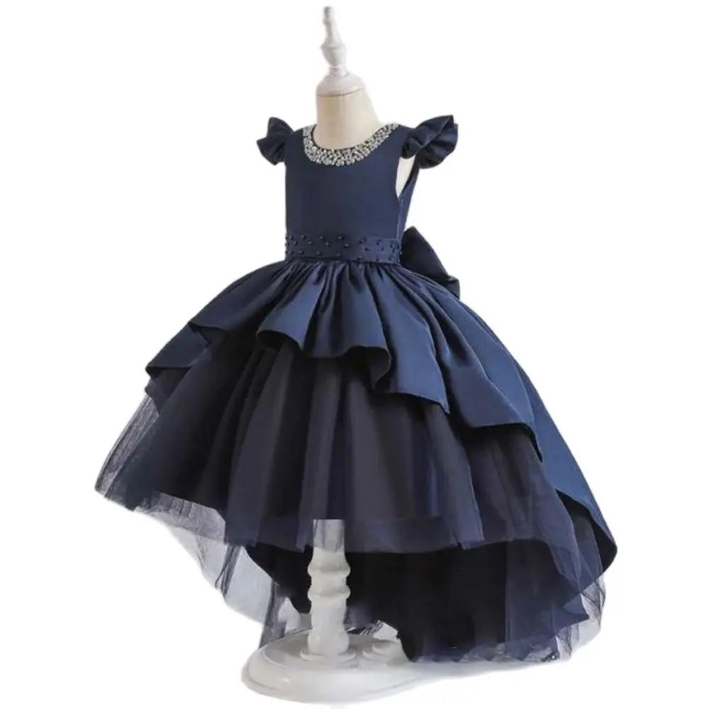 

Puffy High/low Layers Flower Girl Dresses Satin Bow Knot First Communion Dresses Pearls Neck Cap Sleeves Pagnant Dresses