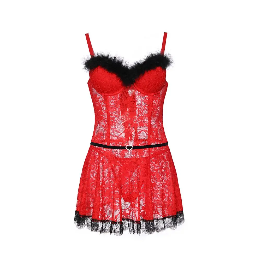 JSY Сексуальное Красное Кружевное ночное белье на бретелях сорочка косточках