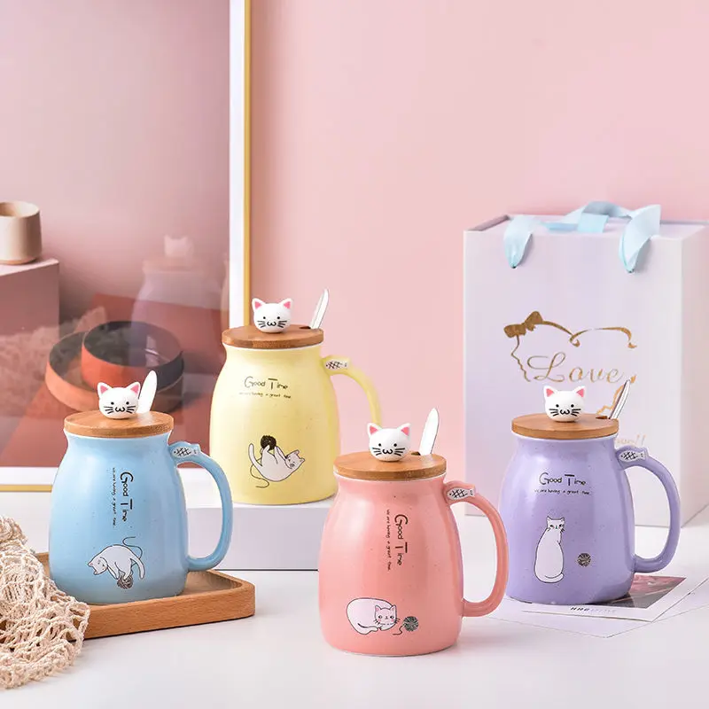 

Cartoon Glaze Cat Ceramic Cup with Cover with Spoon Mug Coffee Cup Water Cup Japanese Style Creative Couple Gift Kedicat 0.49kg