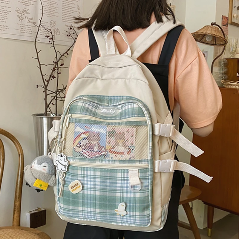 

EST 2021 Plaid Women Backpack Large Capacity Patchwork Female Shoulders Bagpack girls School Bag College Book Travel Mochila Bag