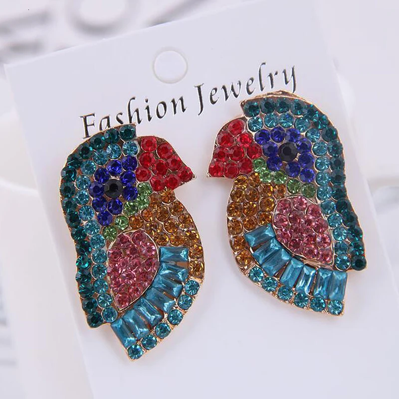 Новые эффектные Кристальные серьги в виде попугая для женщин стразы цвета радуги
