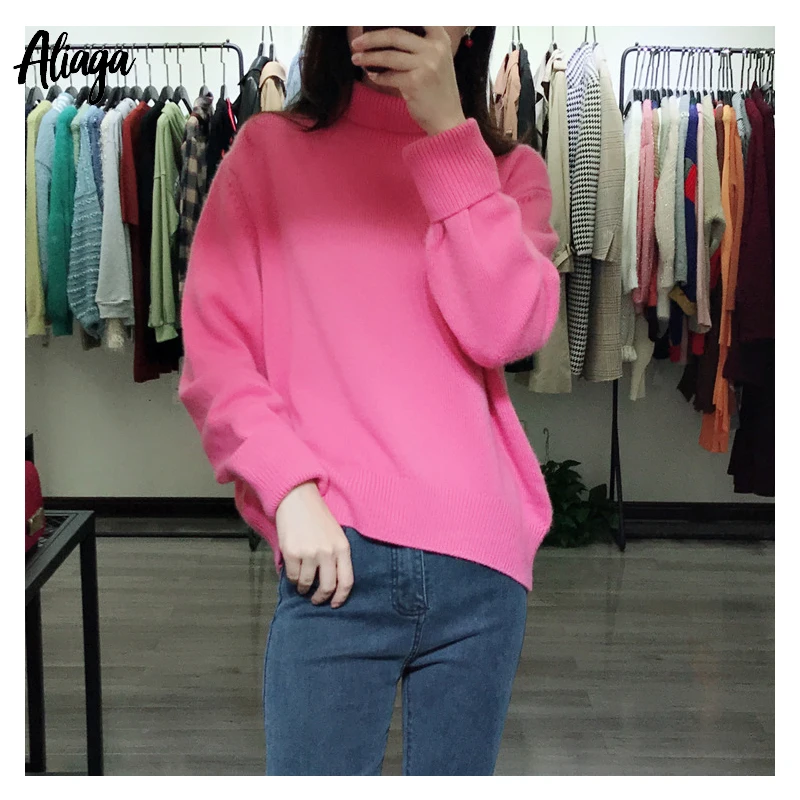 aliaga brand fashion winter warm women sweater 100 cashmere sweater turtleneck knit ladies hot pink thick oversized pullovers free global shipping