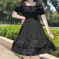 2021 summer japanese harajuku black mini dress women square collar puff sleeve dress soft girl gothic lace ruffles kawaii dress