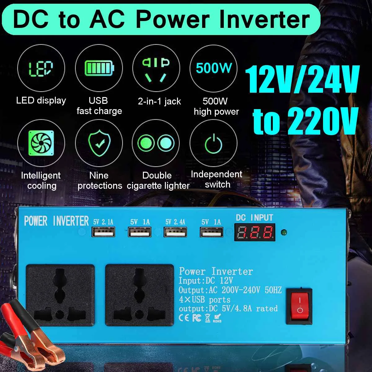 

Newest Car solar Inverter DC 12V 24V to AC 220V 500W power Inverter Voltage Transformer Converter 4 USB LED Display for Car Home
