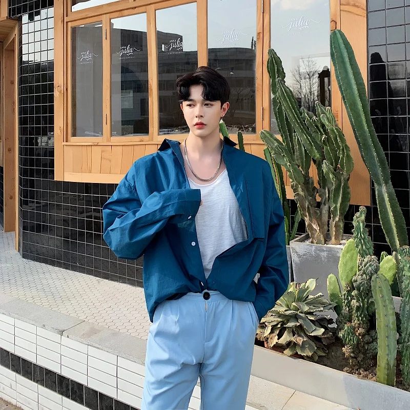 Рубашка мужская с длинным рукавом винтажная модная Свободная Повседневная синяя