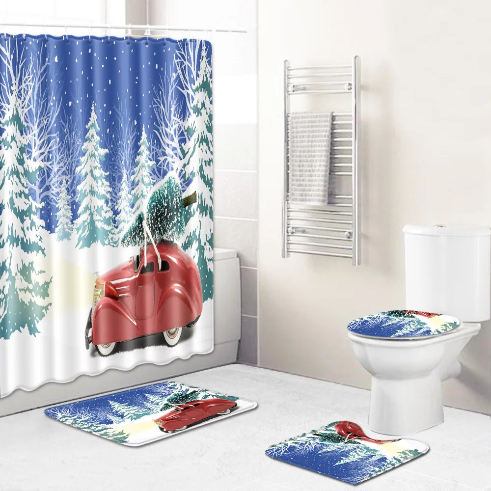 

Zeegle 4pcs Shower Curtain Bathroom Curtain Christmas Bath Mat Set Absorbent Toilet Rug Bathroom Carpet Washable Foot Mat