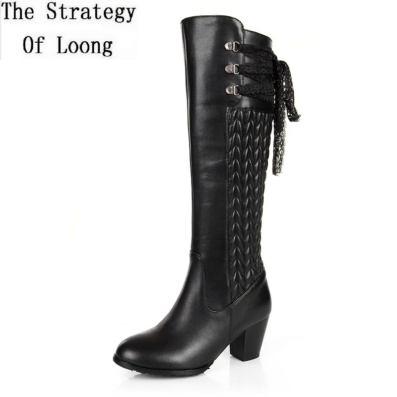 Женские зимние сапоги из натуральной кожи на толстом высоком каблуке с круглым