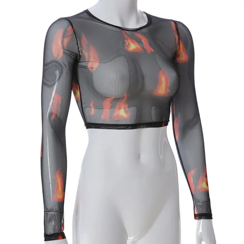 Женская ажурная Сетчатая футболка короткий топ с круглым вырезом и длинным