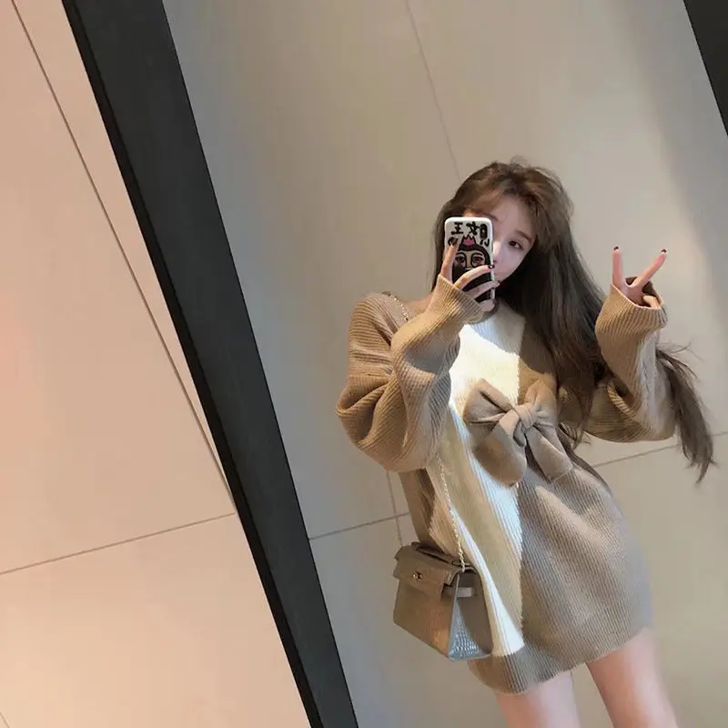 

EasyGarment 2021 Spring Autumn Loose Knit Sweater Dress Korean Style Cute Ladies Dress Long Sleeve White Knitted Dress
