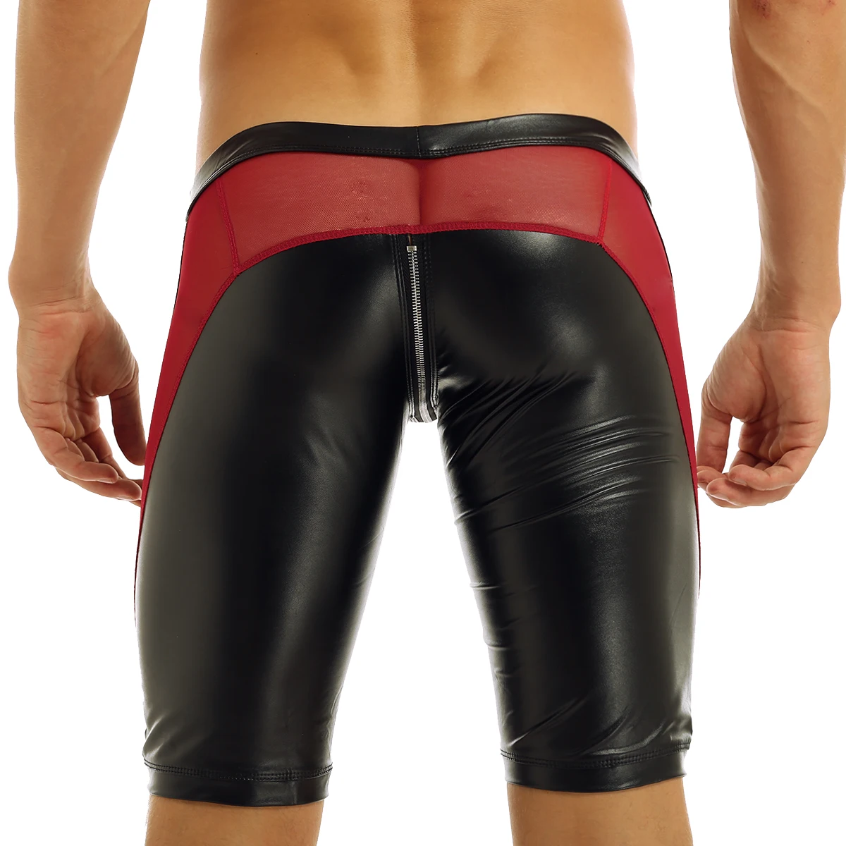 

Men Latex Compression Tight Shorts Soft Faux Leather Zipper Crotch Mesh Splice Low Rise Slim Fit Tight Catsuit Sexy Boxer Shorts