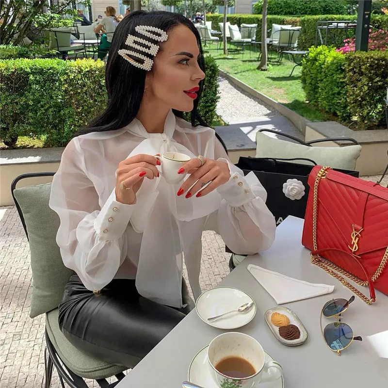 New Women Organza White Sheer Blouse Shirts Lantern Sleeve Bow Tie Lace Up Sexy Ladies Shirts Bowknot Elegant Female Tops Blusas