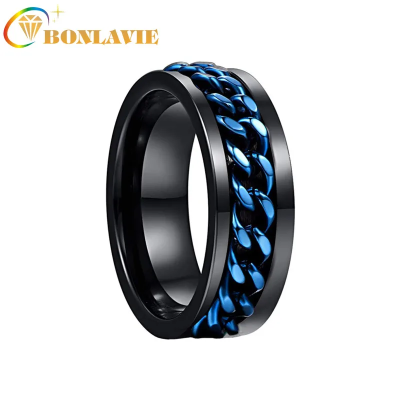 

BONLAVIE Men's 8mm tungsten carbide ring Black Tungsten steel Ring with Blue Rotatable Chain Inlaid Comfort Fit Size 6-12