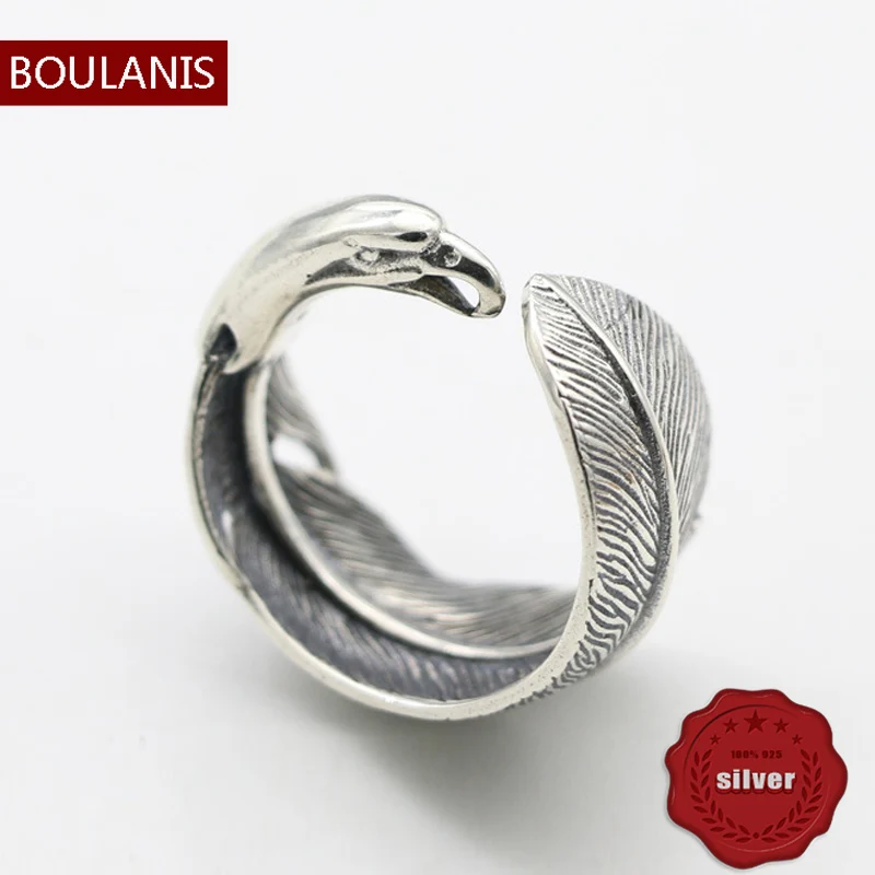 

S925 sterling silver ring handmade eagle head feather net celebrity street shooting jewelry couple opening retro fashion style