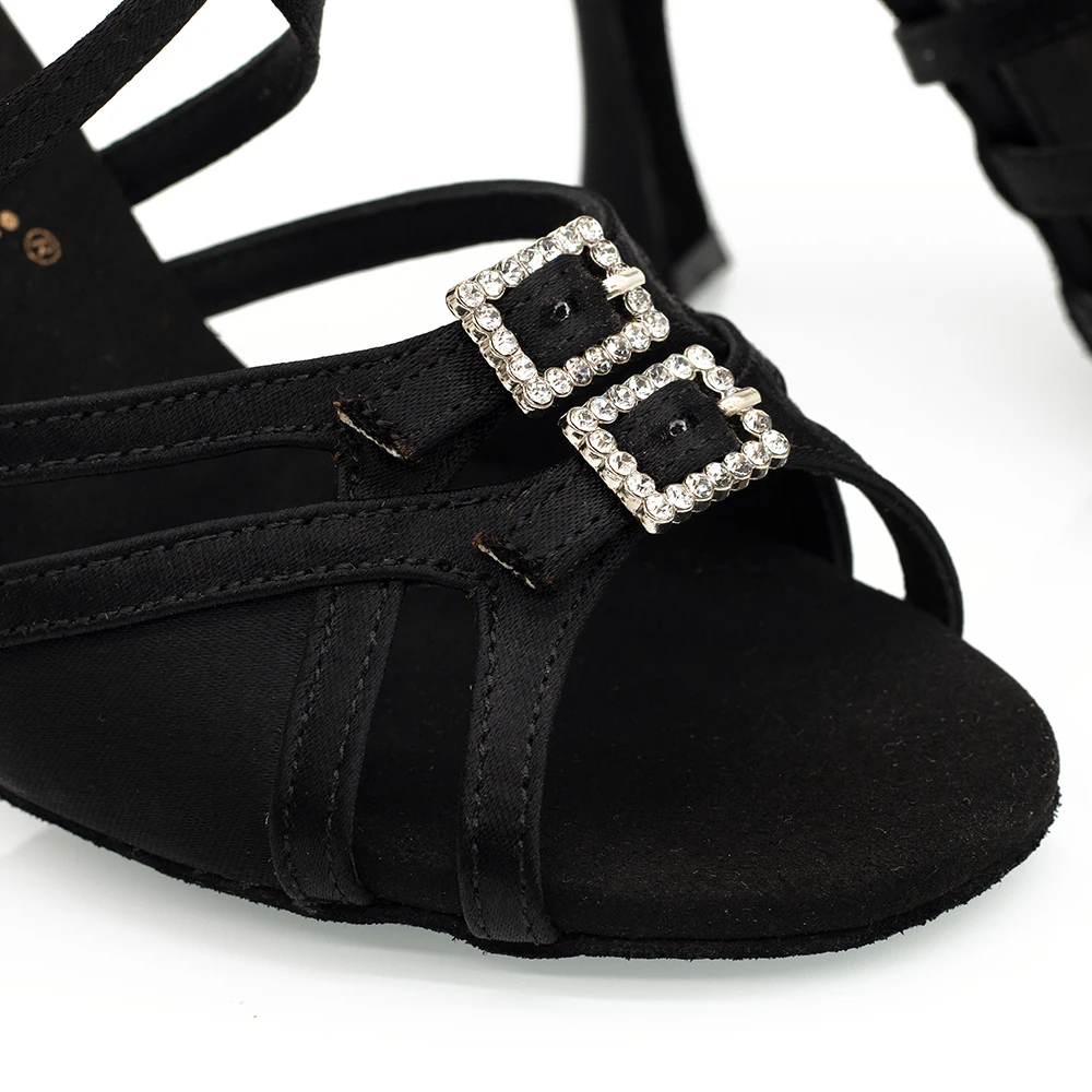 Suphini 【sylvi】черные Сатиновые танцевальные сандалии с двойной пряжкой 7 5/8 5 см|salsa