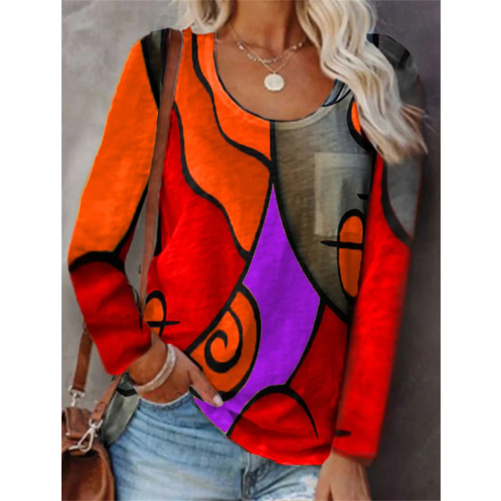 

T-shirts Women Contrasting Color Stitching Geometric 3D Printing Contrast Spring Autumn Long Sleeve Tshirt Clothing Ladies Tee