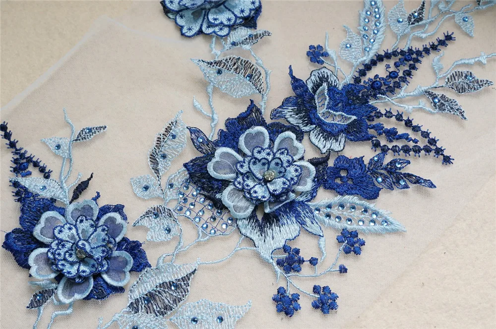 Ярко-голубая ткань 3D Цветочные бусины стразы аппликации вышивка Кружевная