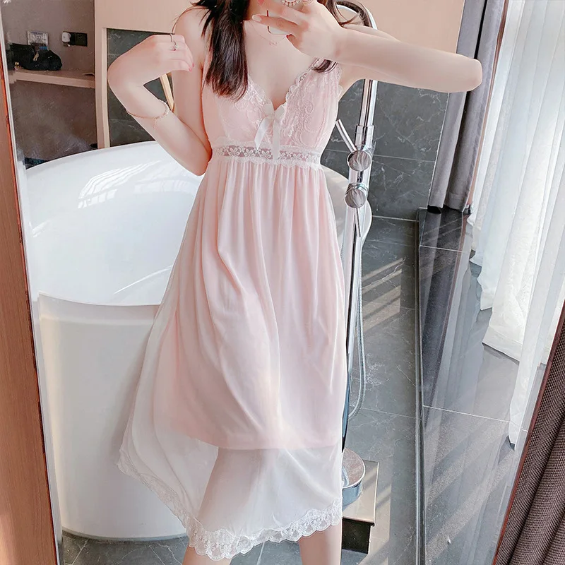 Sexy Sling Nightdress Women's Summer Japanese Korean Fashion Mid Length Dress with Bra Lace Nightgown Princess Style Sleepwear