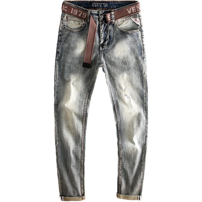 Korean Style Fashion Men Jeans Retro Distressed Elastic Slim Fit Ripped Jeans Men Vintage Designer Casual Denim Pencil Pants