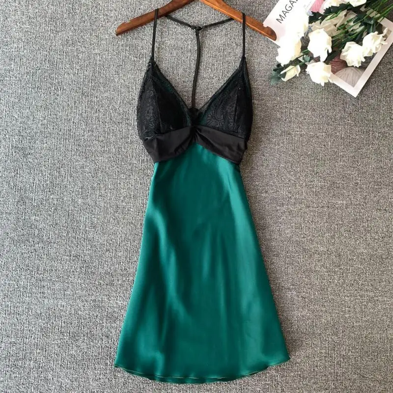 

Зеленая атласная ночная рубашка, женское кружевное платье для сна, пикантная ночная рубашка с открытой спиной, одежда для сна без рукавов, ш...