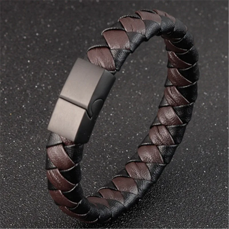 

Fashion Stainless Steel Charm Magnetic Black Men Bracelet Leather Genuine Braided Punk Rock Bangles Jewelry Accessories Friend